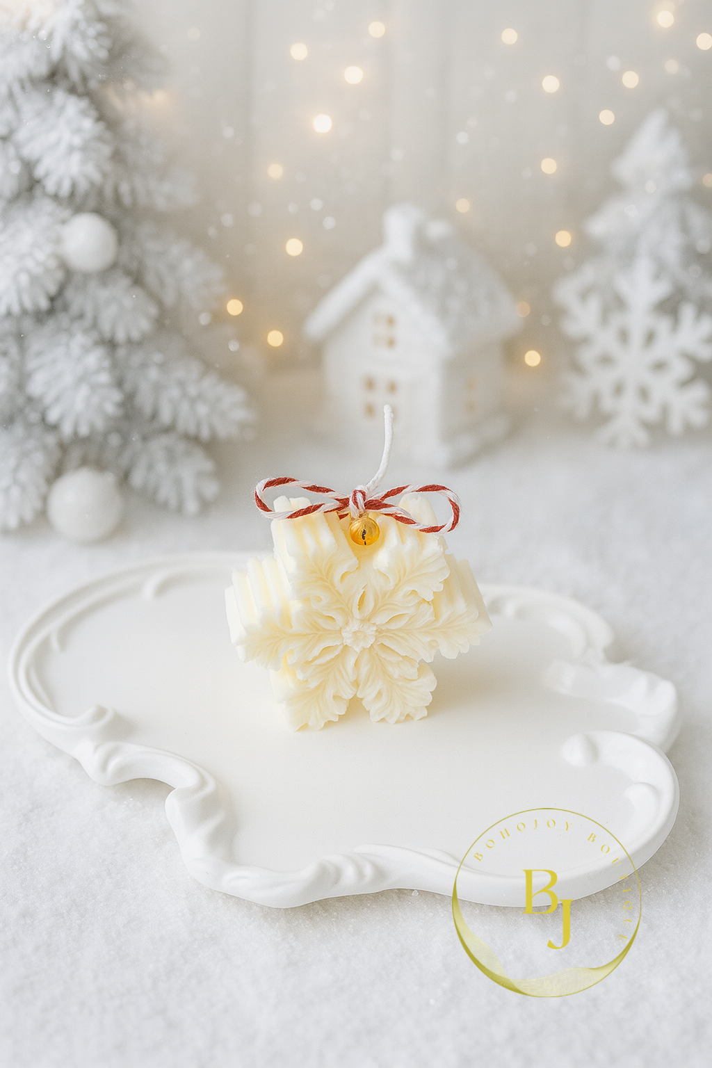 Bougie Flocon de Neige en cire de soja, créative et artisanale, sur un plateau blanc avec décor hivernal.