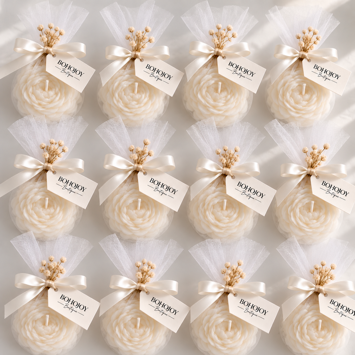Bougies pivoine en tulle avec ruban et étiquette – cadeaux d’invités BOHOJOY