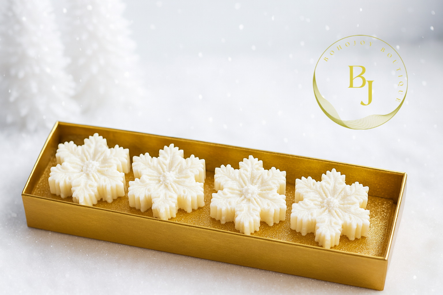 Bougie Flocon de Neige – Quatre bougies en forme de flocon de neige sur un plateau doré.