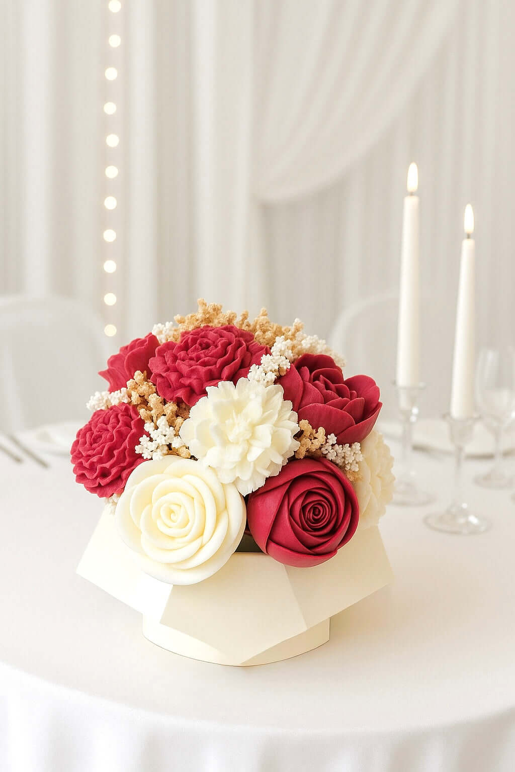 Bouquet ROMANCE Taille Standard en fleurs en cire de soja naturelles, élégant et fait main, décoré sur une table.