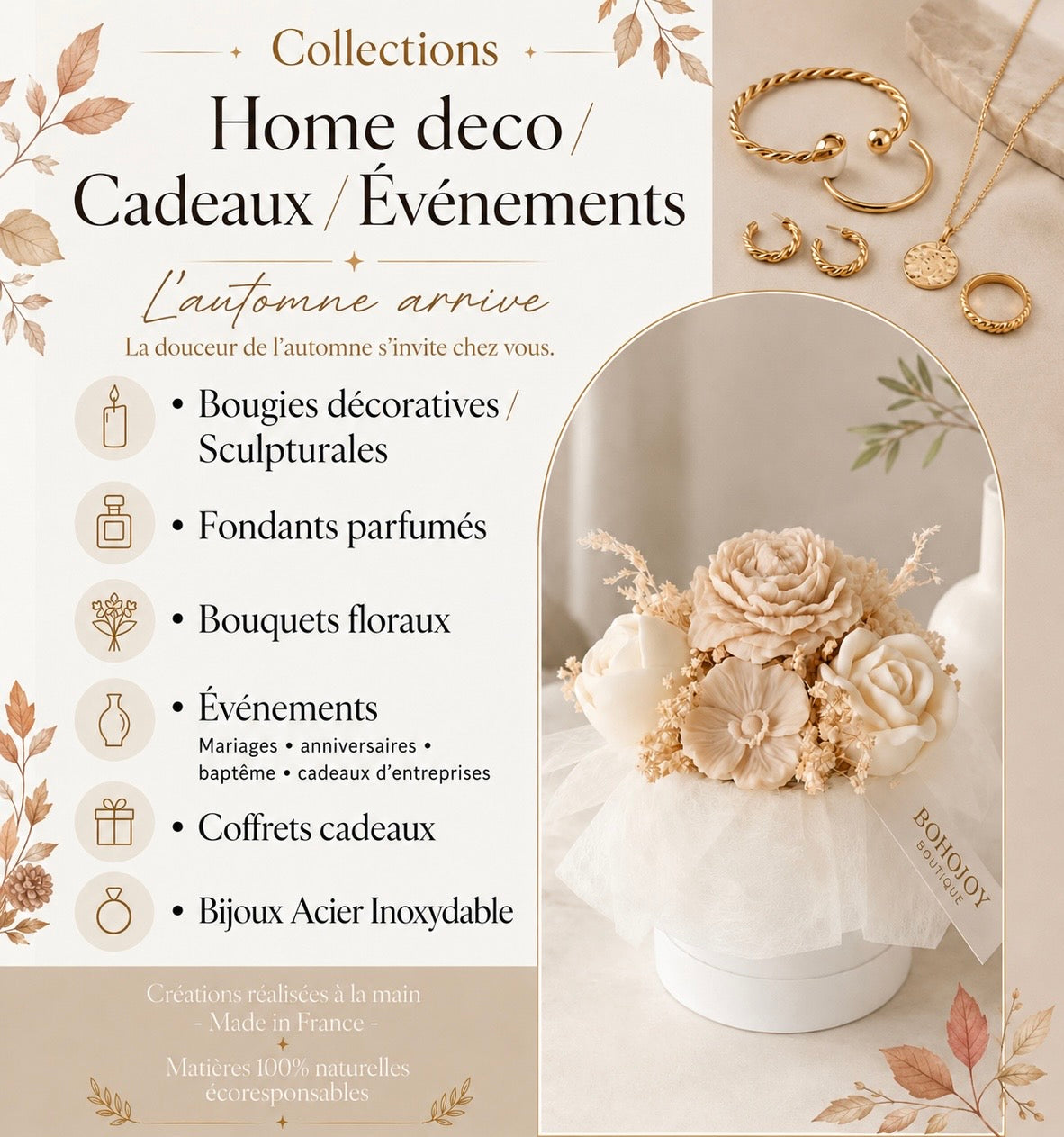 Bouquet de fleurs en cire et bijoux dorés BOHOJOY