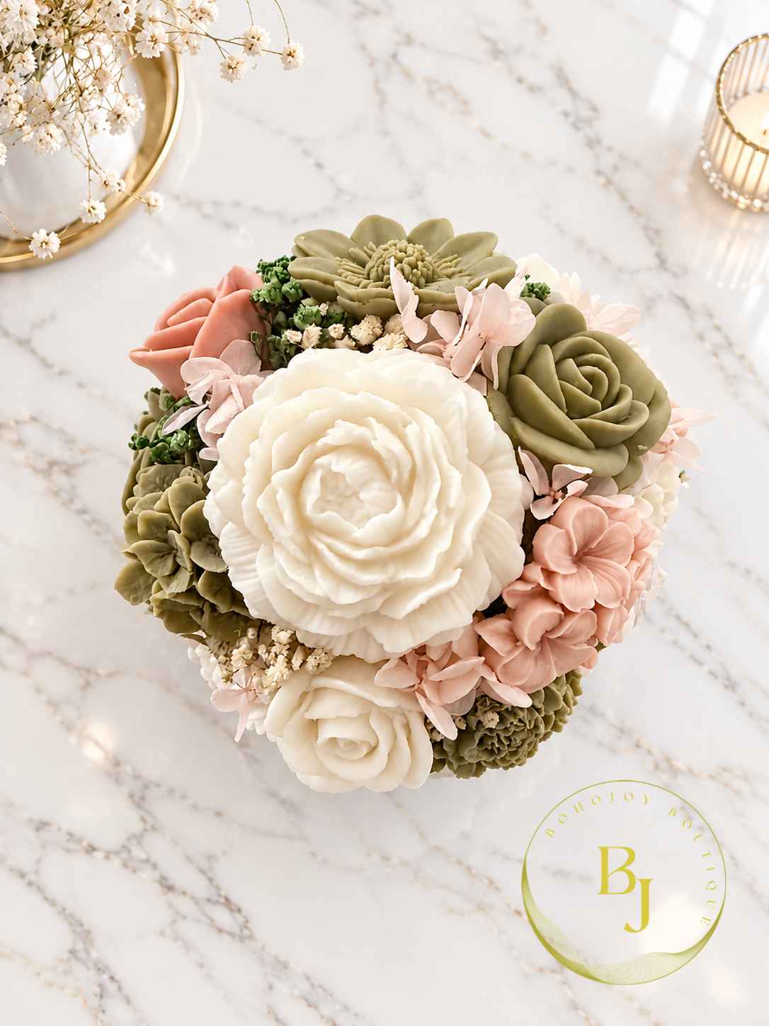 Bouquet JARDIN FLORAL - VERT SAUGE, ROSE POUDRÉ & IVOIRE